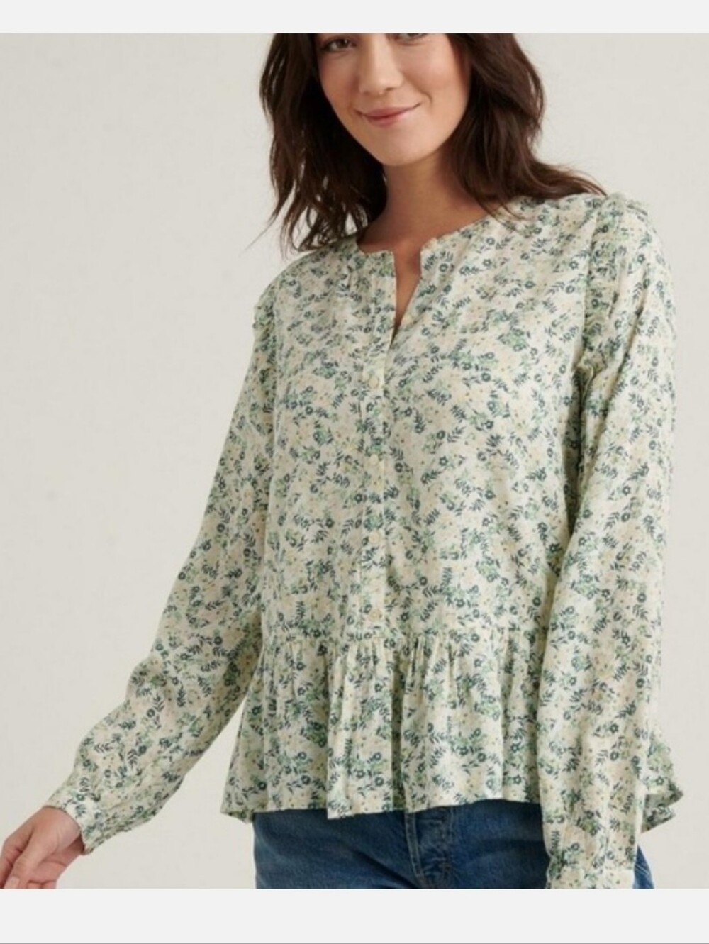 Lucky Brand Valentina Ruffle Button Up Floral Poplin Blouse Long Sleeve Small